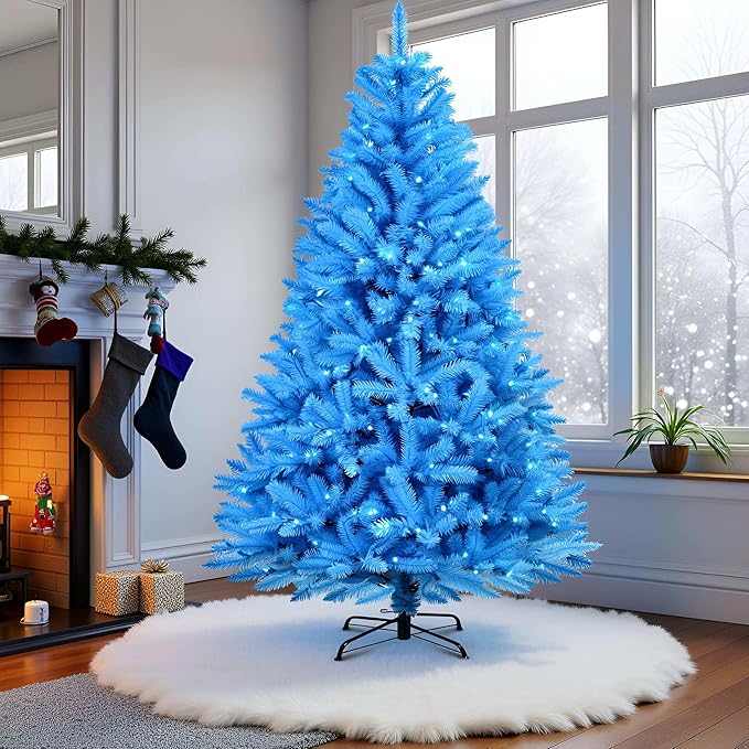 YULETIME 6.5ft Pre-Lit Blue Christmas Tree, Artificial Holiday Decorative Tree with UL Listed 300 Blue LED Christmas Lights (Blue)