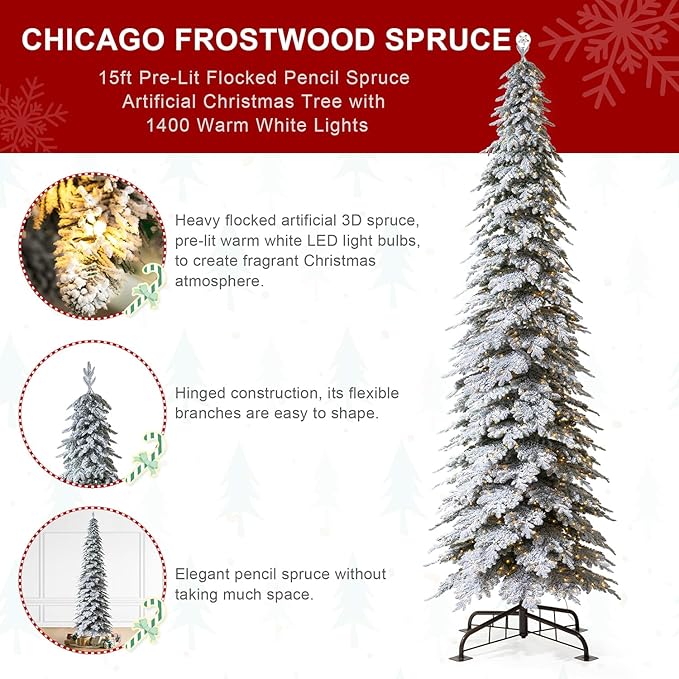 Glitzhome 15ft Prelit Christmas Tree, Artificial Christmas Tree with 1400 Warm White Lights, Flocked Pencil Tree Chicago Frostwood Spruce w/4335 PE&PVC Branch Tips and Sturdy Metal Stand, Simple Setup