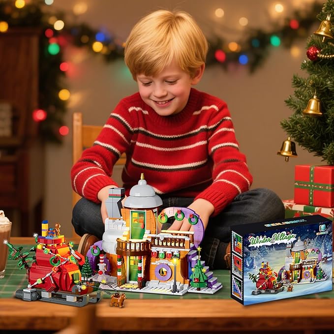 Christmas Holiday Snow House Building Toy Set with Lights,Compatible with Lego Chritmas Village,Xmas Gifts for Boys and Girls,Family 1224 pcs