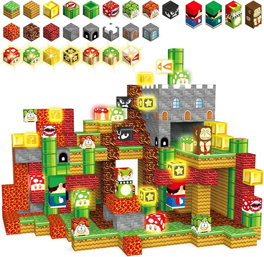200PCS Magnetic Blocks Building Toys, 1" Light Up Building Blocks Magnet Cubes Tiles for Toddlers Boys Girls 3+, Build Game Adventure Scenes STEM Sensory Construction Toys