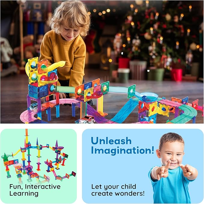 PicassoTiles 108pc Magnetic Marble Run Set with Building Tiles Race Track Car Slides Set STEM Learning Toy 3-in-1 Preschool Construction Kit for Indoor Activity and Development for Kids age 3+ PTG108
