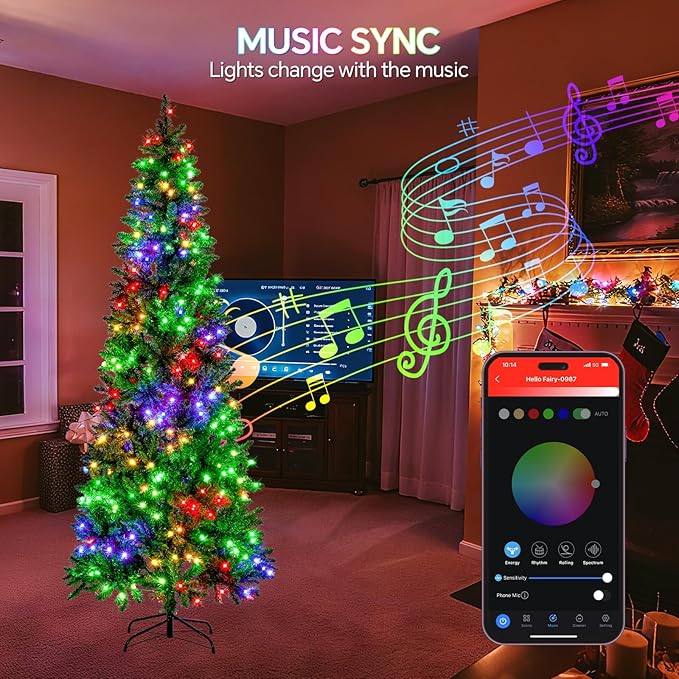7.5FT Prelit Christmas Tree with 350 LED Lights, App Controlled Artificial Christmas Tree with Multi-Color RGB Lights & Music Sync, Slim Pencil Christmas Tree for Home Christmas Decorations