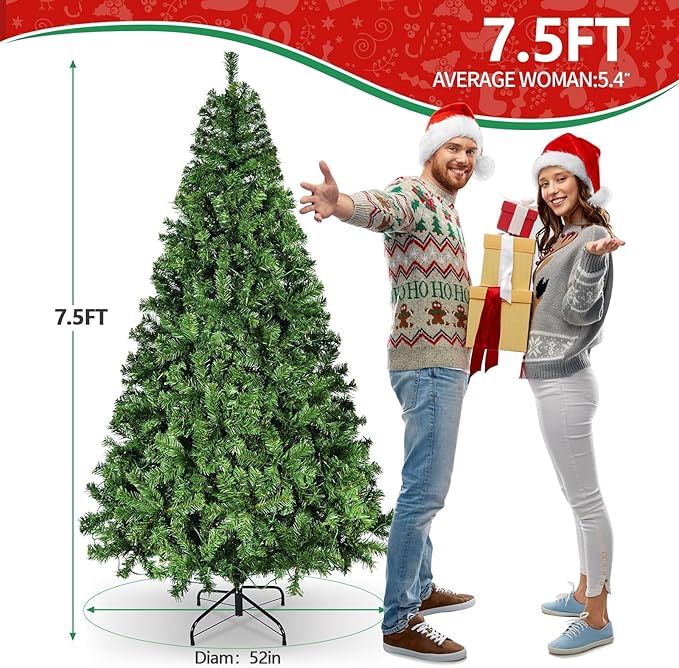 7.5ft Artificial Christmas Tree w/400 Warm Lights Lights &8 Different Light Holiday Xmas Tree, Premium Hinged Spruce Xmas Tree w/1405 Branch Tips and Foldable Metal Stand for Home, Office, Party