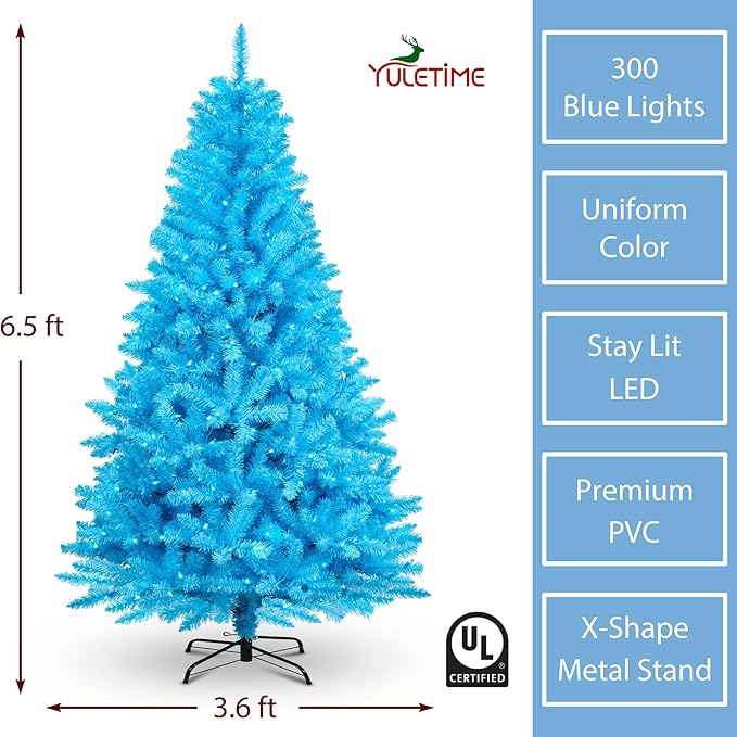 YULETIME 6.5ft Pre-Lit Blue Christmas Tree, Artificial Holiday Decorative Tree with UL Listed 300 Blue LED Christmas Lights (Blue)