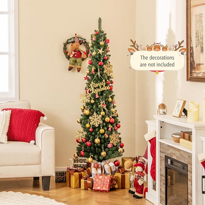 GOFLAME 6FT Pencil Christmas Tree, Slim Artificial Xmas Tree with 392 Memory Wire Branch Tips & Upgraded Metal Stand, Seasonal Holiday Decoration Tree for Home Office Party