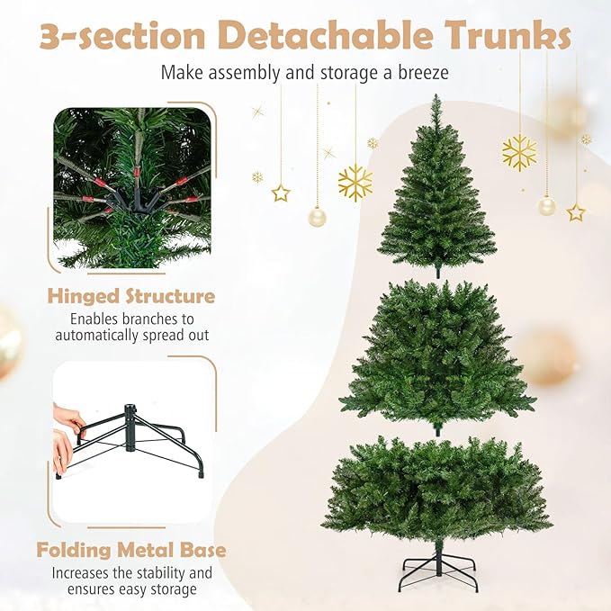 Goplus 6 FT Pre-Lit Artificial Christmas Tree, Hinged Xmas Tree with 814 Branch Tips, 700 Warm White LED Lights, 7 Lighting Modes & Folding Metal Stand, Seasonal Decoration Tree for Home Party Holiday