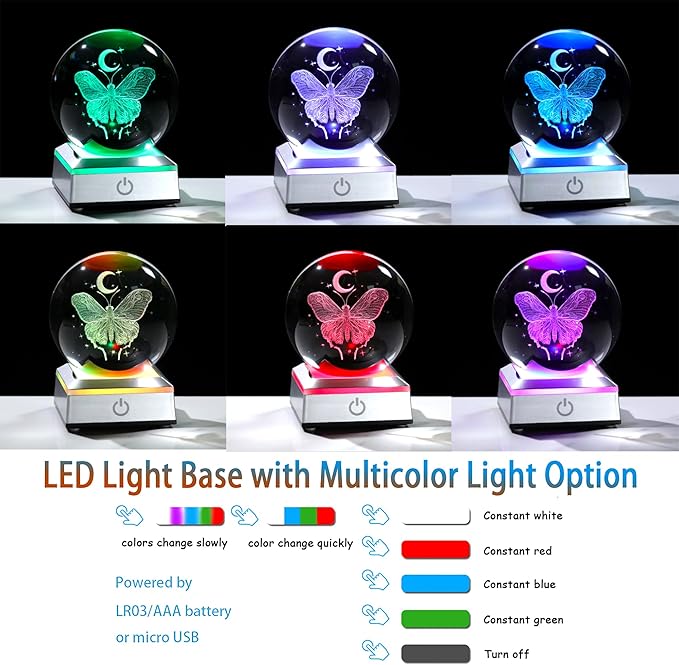 3D Crystal Butterfly Ball Gifts for Women, Gifts Ideas for Wife Mom Girlfriend Couple Her, Butterfly with Star Moon in Crystal Ball 3.15in with Colorful LED Light Base Home Office Decor