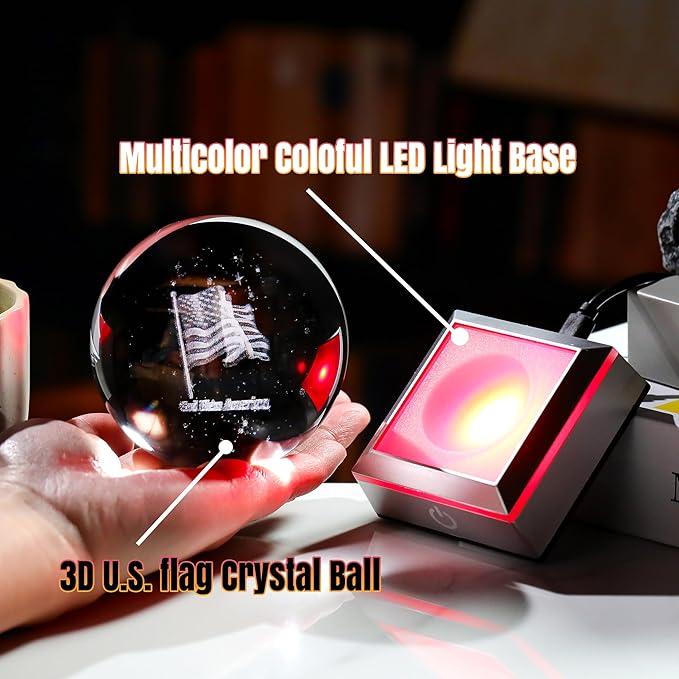 Ornalrist 3D Crystal Ball Engraved American Flag Gifts for Men, Women, Him Father - Crystal Ball Engraved USA Flag & God Bless America Text 3.15in with Colorful LED Light Base Home Decor