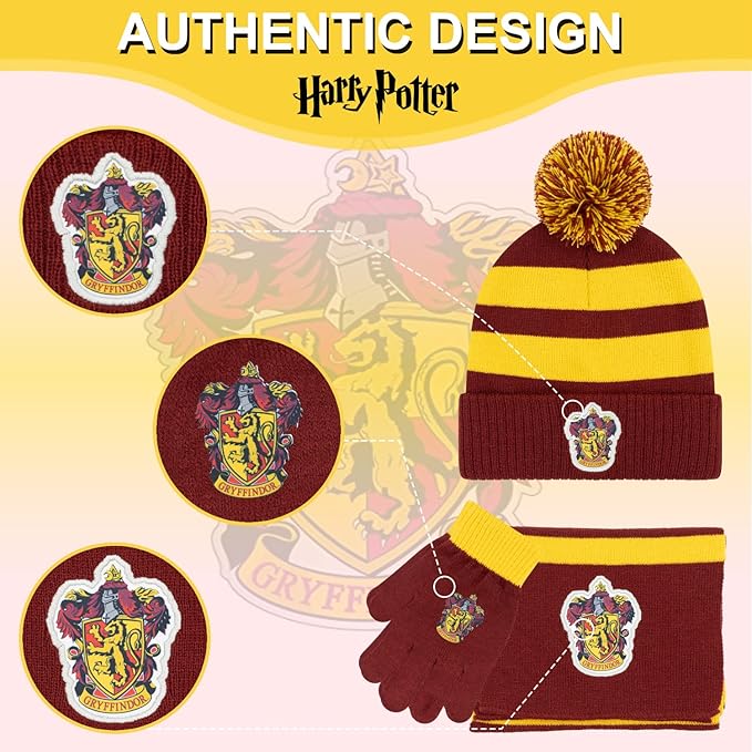 Harry Potter Winter Hat and Gloves with Set, Gryffindor, Slytherin, Hufflepuff, Ravenclaw, Winter Set 5-13 Year Olds