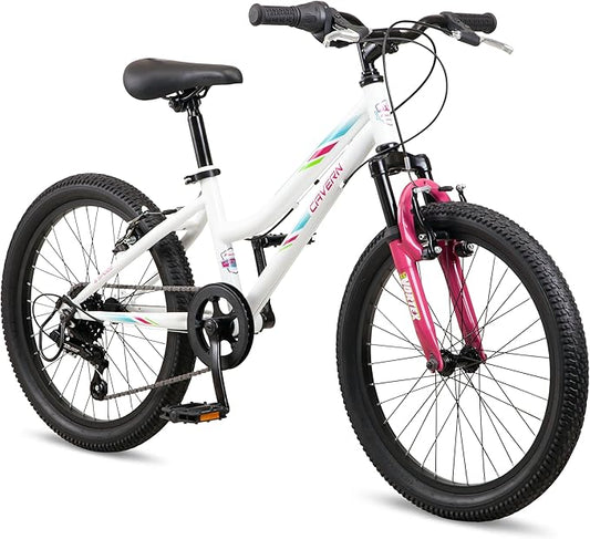 Cavern Mountain Bike for Youth or Adult Boys Girls, 7 or 21-Speed Twist Shifter Options, 20/24/26-Inch Wheels, 11 to 17.5-Inch Steel Frame, Front Suspension, Kickstand Included