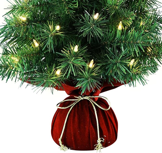 Pre-Lit Mini Christmas Tree with Lights, Red Velvet Cloth Base, Artificial Desktop Xmas Tree Small Space Holiday Decoration