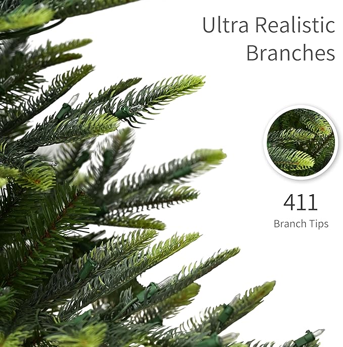 Puleo International 4.5ft Pre-Lit Aspen Fir Artificial Christmas Tree with 250 Clear Lights, 411 Realistic Dense Branch Tips, Easy Setup Artificial Trees with Sturdy Metal Stand