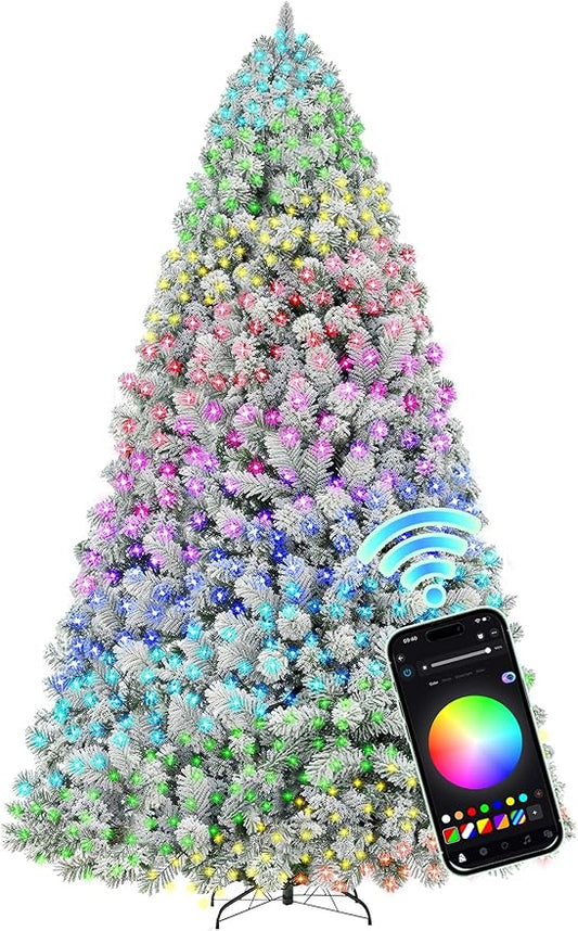 HOLLO STAR 9 ft Flocked Prelit Christmas Tree with 753 LED Lights, App Control, Artificial Christmas Tree, Multi-Color RGBW Lights, 2100 Branch Tips, Snow Xmas Tree, for Home, Party