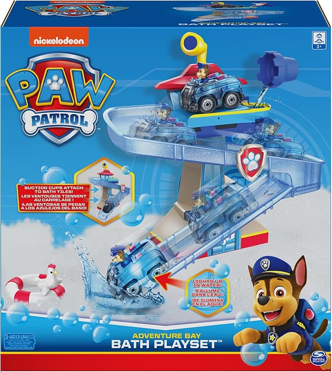 PAW Patrol, Adventure Bay Bath Playset with Light-up Chase Vehicle, Bath Toy for Kids Aged 3 and Up