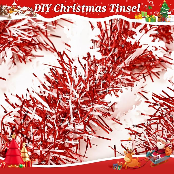 50Ft Christmas Red and Snowflake Tinsel Garland Metallic Twist Shiny Garland for Xmas Christmas Tree Ceiling Hanging Decorations Holiday Wedding Home Party Supplies Indoor Outdoor Decor
