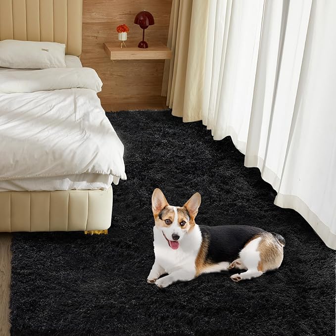 Ultra Soft Rug for Living Room,Black Fluffy Shag Area Rug for Bedroom, Modern Shaggy Carpets Fuzzy Rug for Kids Boys Girls Dorm Nursery Home Decor Aesthetic, Upgrade Anti-Skid Durable, 3X4