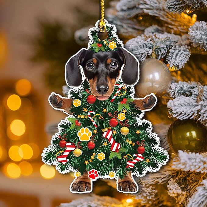 2025 Black Dachshund Christmas Tree Ornament - Festive Holiday Acrylic Hanging Decoration with Adorable Dachshund Dog - Black Wiener Dog Christmas Tree Hanging Ornament