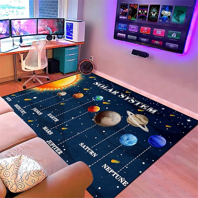 Universe Planet Area Rugs Outer Space Rugs for Boys Bedroom Educational Sofa Floor Mat Galaxy Solar System Theme Throw Rugs for Indoor Outdoor Carpets Crystal Polyester Mats Oversized, 5'×7'