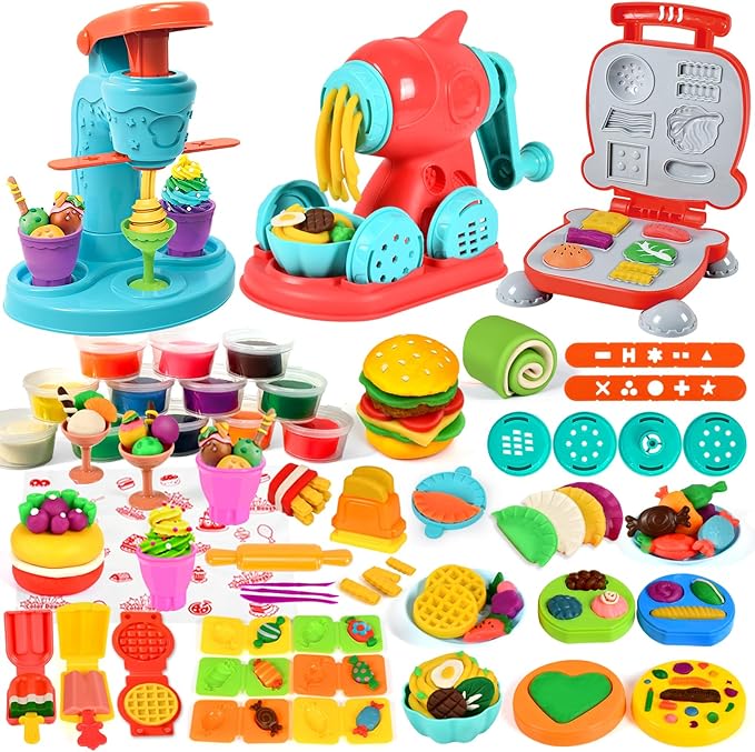3 in 1 Color Dough Sets for Kids Ages 3-4-8, Dough Tools Accessories Kit, Ice Cream Playset Noodle Hamburger Maker, Pretend Play Kitchen Creations Food Toys Arts Crafts for Toddlers Girls Boys