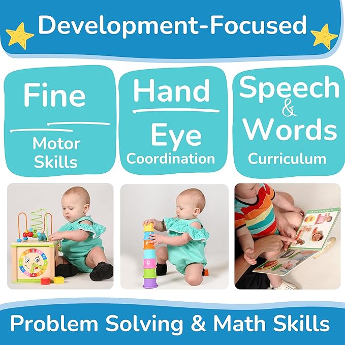 TOYVENTIVE Wooden Activity Cube, Montessori Toys for 1+ Year Old Girl, Multipurpose Educational Sensory Toy for Baby, Toddler, Kid | First Birthday Gift | Bonus First Words Book