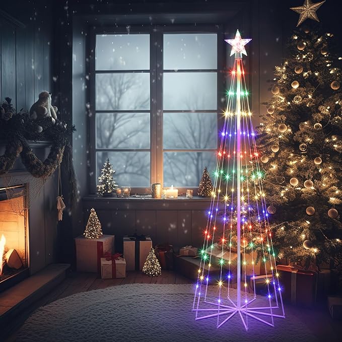10' LED Animated Outdoor Christmas Tree, Multicolor Lightshow Lighted Cone Wire Tree with Topper Star, Christmas Outdoor Decorations Artificial Lighted Tree for Indoor Yard Patio