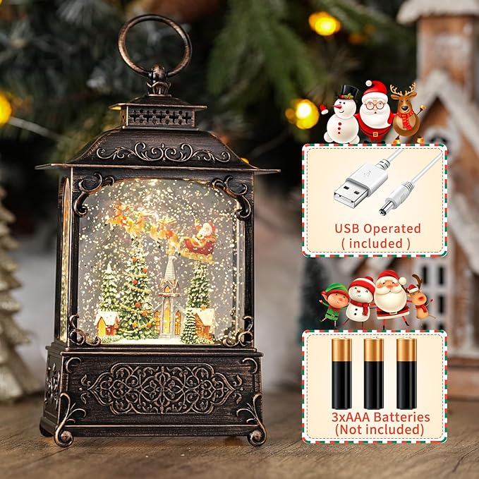 Christmas Snow Globe with Santa & Flying Reindeer Sleigh Church Sence, Light Up Christmas Snow Globes with Music Timer - Glitter Globe Indoor Christmas Decorations