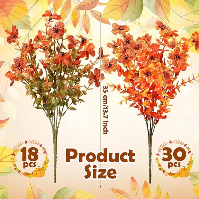 Zeyune 48 Bundles Fall Artificial Flowers Outdoor Decor, UV Resistant Fake Autumn Mums for Thanksgiving, Halloween Pumpkin Porch, Window Box, Patio and Garden Decoration (Orange and Red)