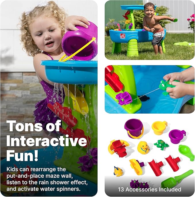 Step2 Rain Showers Splash Pond Toddler Water Table, Kids Water and Sand Activity Sensory Playset, Summer Outdoor Toys, 13 Piece Toy Accessories, For Toddles 1.5+ Years Old