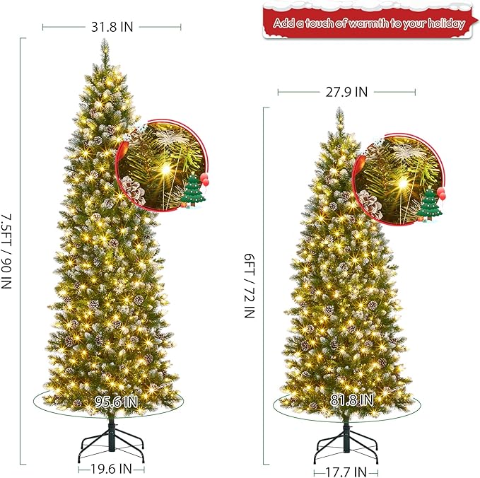 GAOMON Slim Artificial Christmas Tree, 7.5ft Pre-lit with 600 Warm White Lights, Pre-Decorated 84 Pine Cones & 900 Flocked Tips, for Home Office Party Decor (Xmas, New Years) Includes Metal Stand