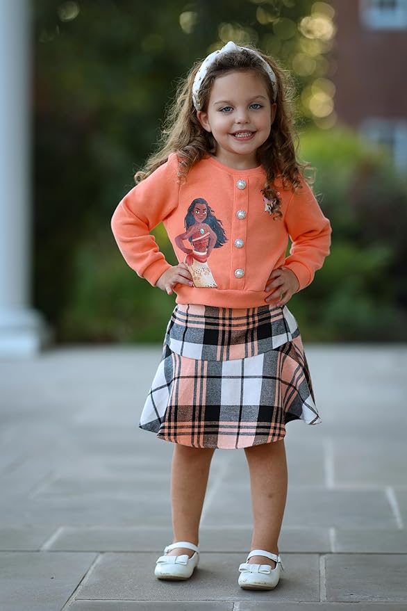 Disney Frozen Elsa Stitch Princess Moana Minnie Toddler Girl 2 Piece Outfit Kid Pearl Button Knit Top & Tweed Skirt Set 2-13Y