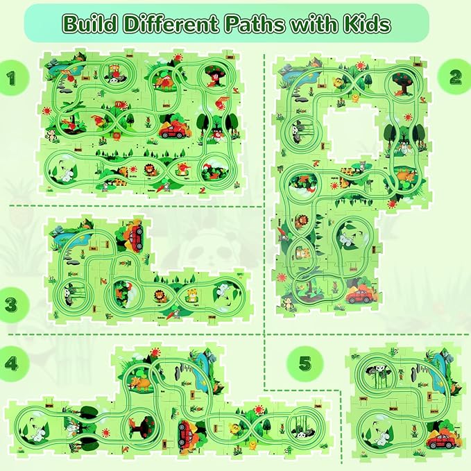 Puzzle Racer Kids Car Track Set, Plastic Puzzles for Kids Ages 3-5 with A Cute Vehicle, Toddler Puzzle Track Play Set Gift, Race Tracks for Toddler 3-5, Toys for 3 4 5 6 Year Old Boys Girls