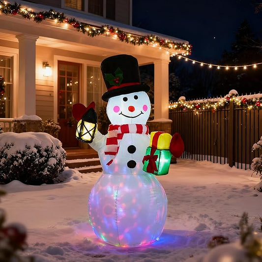 4FT Inflatable Christmas Snowman with Lantern, Blow Up Outdoor Navidad Decor with Built-in Rotating LED Lights for Lawn, Garden, Patio Holiday