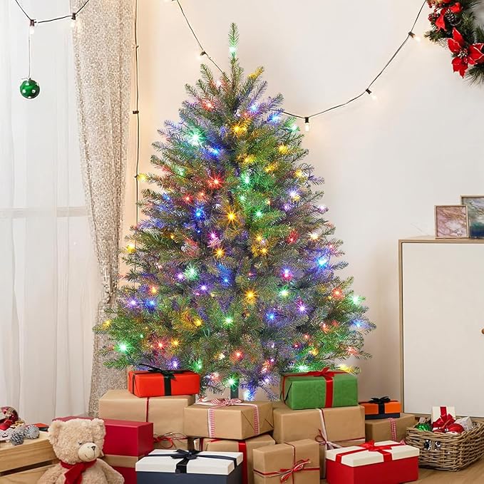 Garvee Artificial Christmas Tree Prelit, PVC Xmas Tree with Branch Tips, Dual-Color LED Lights & Foldable Base, for Holiday, Party, Christmas Decorations