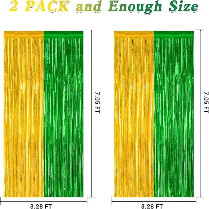 2 Pack Graduation Backdrop, Large Grad Decor 2025, Green Gold Graduation Photo Backdrop Fringe Curtains Party Streamer, Metallic Green and Gold Grad Decorations Class of 2025