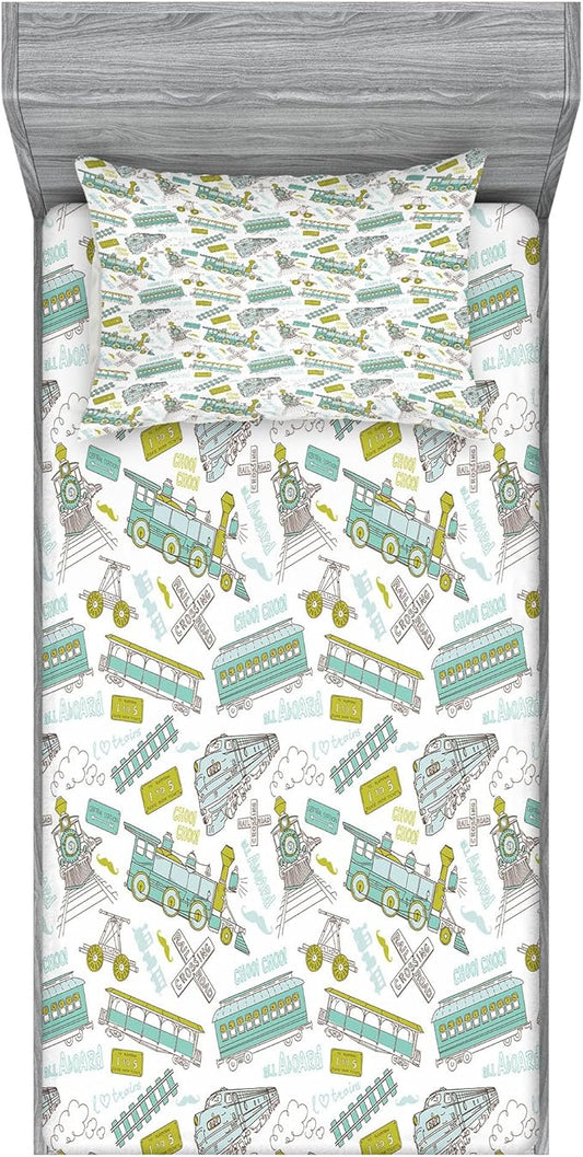 Ambesonne Steam Engine Fitted Sheet & Pillow Sham Set, Choo Choo Train Pattern and Number Signs Vintage Travel Theme Print, Decorative Printed 2 Piece Bedding Decor Set, Twinxl, Apple Green Turquoise