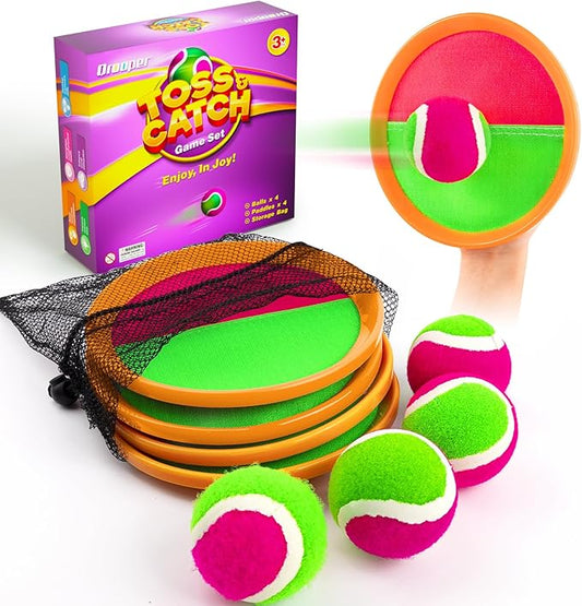 Kids Outdoor Toys - Toss and Catch Game Set, Outside Yard Camping Beach Pool Toys Games for Boys Girls 3 4 5 6 7 8 9 10 Year Old, 4 Paddles 4 Balls (Orange+Orange)
