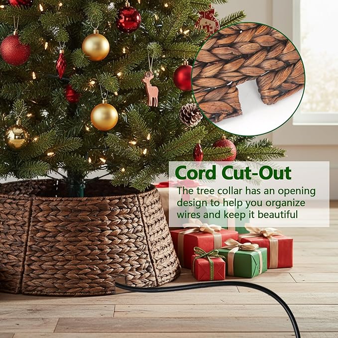 Christmas Tree Collar 27'' D Handmade Hyacinth Tree Collar Basket Rattan Wicker Christmas Woven Tree Ring Stand Base Cover for Christmas Holiday Decoration-Brown Washed
