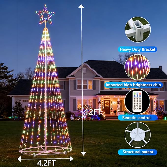 12FT Outdoor Lighting Christmas Tree 650 LED Light Show Christmas Tree with 8 Modes Timer Remote,Tall Star Topped Artificial Christmas Trees Arbol de Navidad for Porch Yard Patio(WarmWhite/Multicolor)