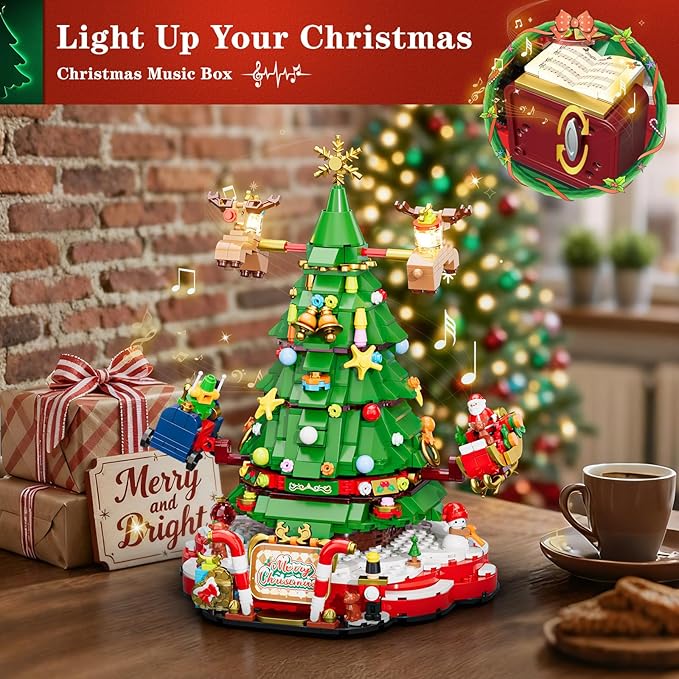 Christmas Tree Building Set with Lights, Christmas Tree Building Blocks Set with Music Box, Flying Reindeer, and Santa Claus Riding a Sleigh, Christmas Toy for Kids 8+ (881 PCS)