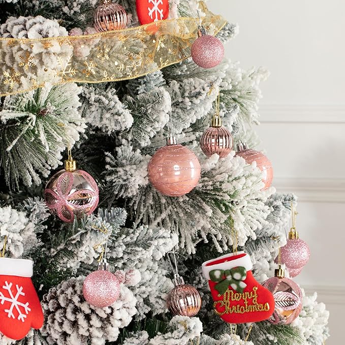 100Pcs Christmas Ball Ornaments Set, Shatterproof Plastic Pink Christmas Ornaments for Xmas Tree, Assorted Baubles Hanging Decorations for Holiday/Party/Wedding (Pink)