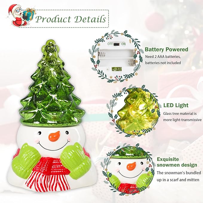 Small Ceramic Christmas Tree Hand-Painted Vintage Tabletop Christmas Tree Holiday Decoration with Multi-Color Lights Green Xmas Trees Snowmen 8.75inch