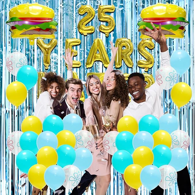 25th Yellow Sponge Birthday Decorations, 104PCS 25 Years Later Balloon Set with Hamburger Balloons, Blue Backdrop Bubble Garland, Crepe Paper, Tinsel Foil Fringe Curtain for Under the Sea Party