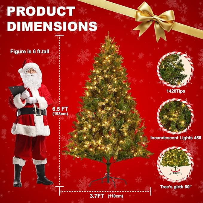 Eclolumi6.5 FT Christmas Trees with Lights, Pre-Lit Green Artificial Hinged Spruce Christmas Tree with 1428 Tips, 450 LED for Home, Party Decoration (Green 6.5FT)