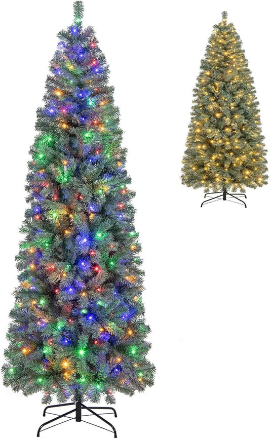 GOFLAME 7.5FT Pre-Lit Pencil Christmas Tree, Hinged Artificial Xmas Tree with 724 Branch Tips, 250 LED Lights, 9 Lighting Modes & Folding Metal Stand, Slim Holiday Decoration Tree for Home Party