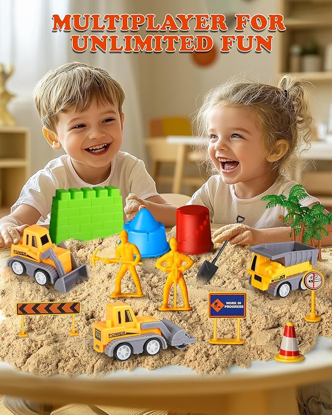 Sand Construction Site Kits, Construction Sensory Bins for Toddlers, Magic Play Sand Moldable Dream Folding Sand Boxes Zone Storage Container Castle Truck Sets Toys Bun for Kids Boys Girls