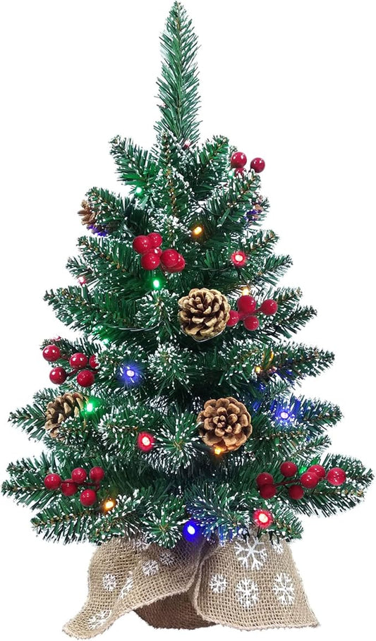 Little Christmas Tree Prelit 24 Inch Mini Christmas Tree for Desktop Decorating - Luxury Christmas Tree with Light| 4 Colors and 8 Modes String Light| Wooden Base and Picture Cloth Bag Wrapped Up