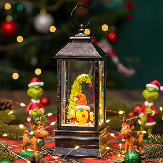 10'' Christmas Gnomes Snow Globe Lantern Lighted Whimsical Christmas Tree & Santa Elf Musical Water Lantern Swirling Glittering Home Decoration and Gift, Battery Operated or USB Powered