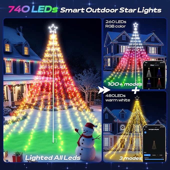 12FT 740LEDs Smart Outdoor Christmas Tree Lights With Sturdy Iron Pole, App Control DIY Color Changing, Music Sync, Timer, 100+ Modes Waterproof Large Star Waterfall Light for Outside Yard Lawn Decor