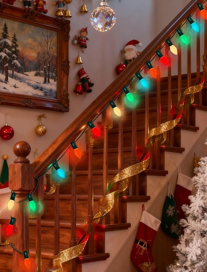 Abeja 25FT Outdoor C7 Multicolor Light, Vintage Christmas String Lights with 27 Multicolor Ceramic Bulbs (2 Spare), Hanging Christmas Lights for Outdoor Xmas Patio Wedding Party Garden Decor