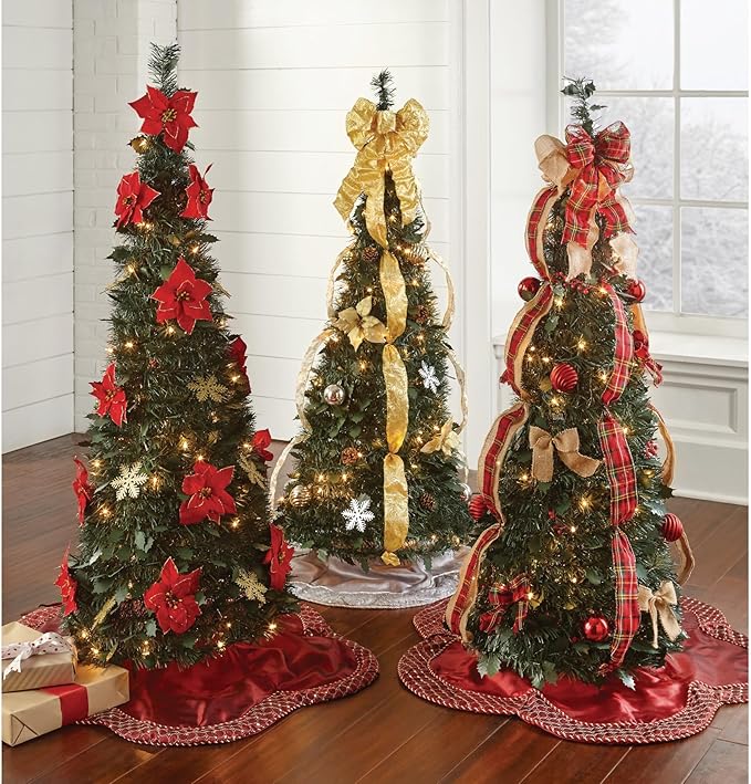 BrylaneHome 4.5 Ft Fully Decorated Pre-Lit Pop-Up Christmas Tree with 100 Warm Lights & Included Stand, Collapsible, Easy Assembly - Silver Gold